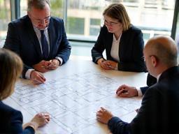 People discussing sports facility layout on blueprints